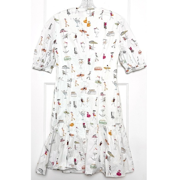 BOSS Retro Beach Print Cotton Poplin Puff Short Sleeve Flounce Hem Mini Dress 6 - Picture 4 of 11